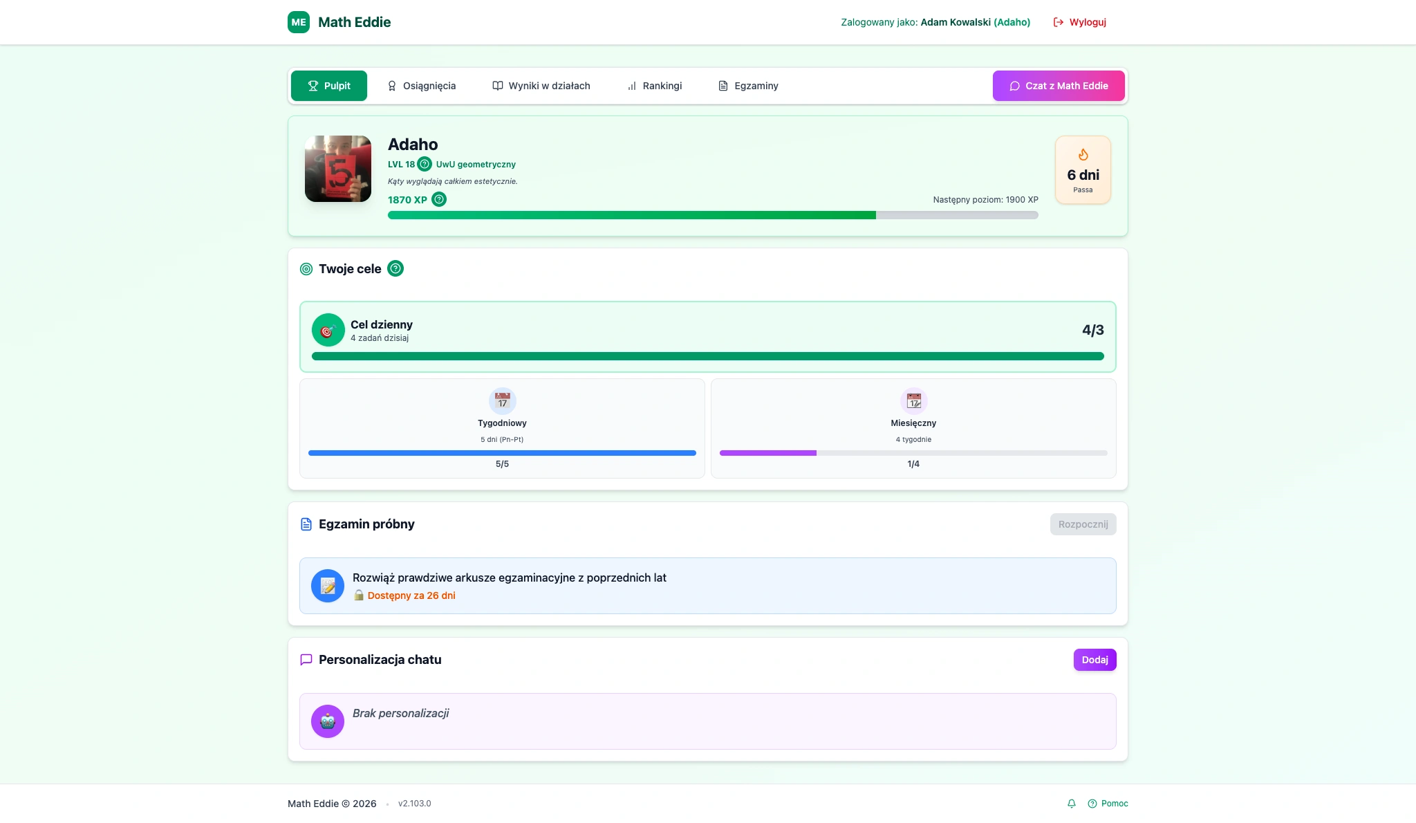 Panel ucznia - dashboard z celami i gamifikacją