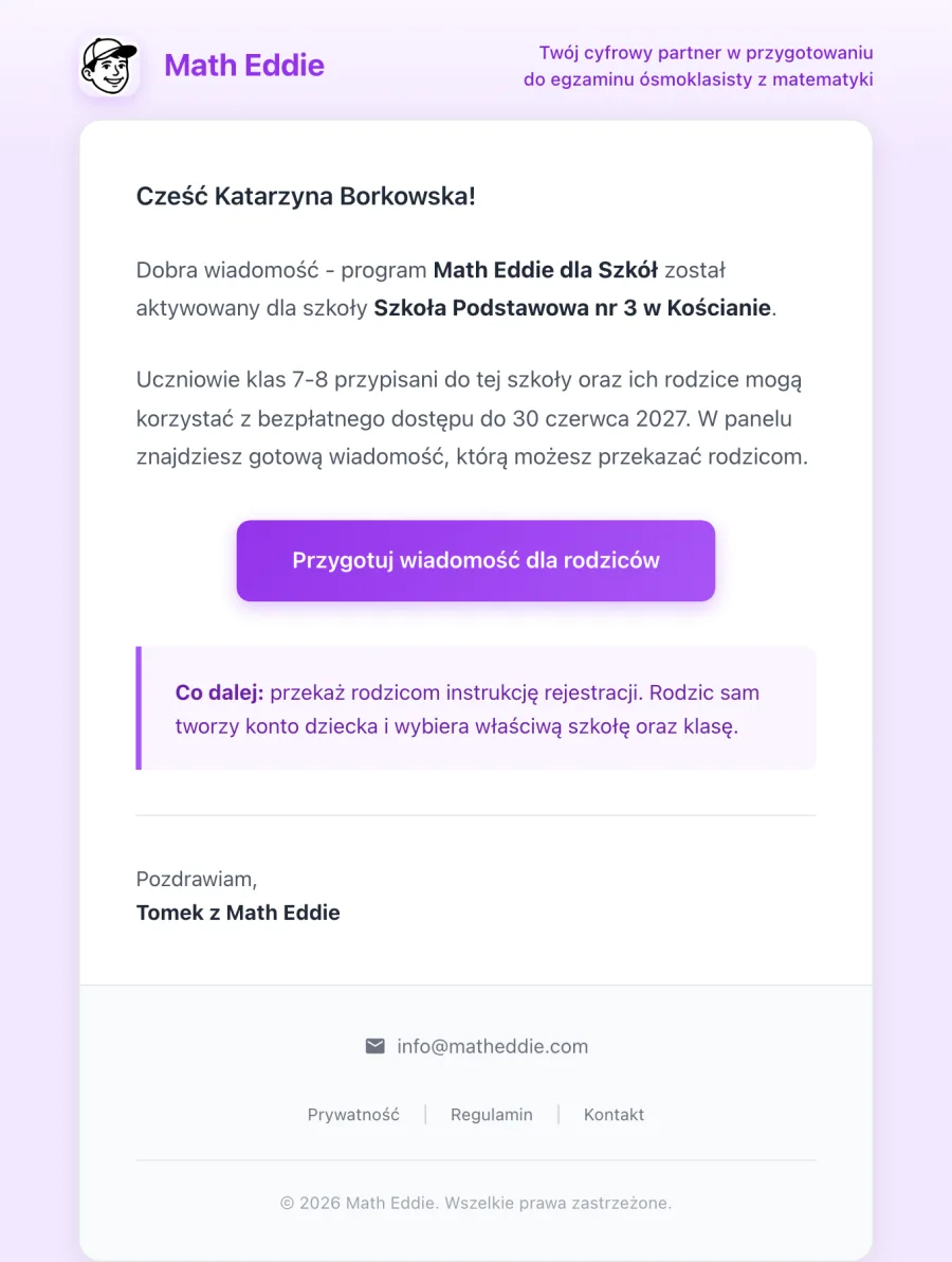 E-mail z potwierdzeniem aktywacji programu Math Eddie dla Szkół